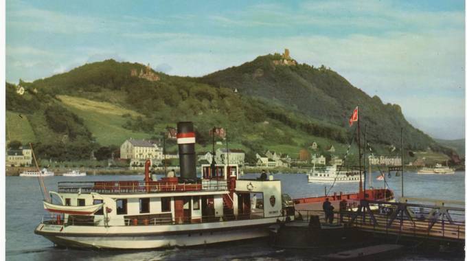 Historische Ansichtskarte mit Fähre am Rhein