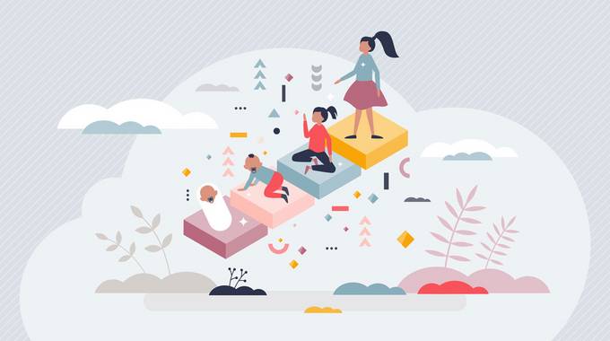 Symbolbild Illustration, Baby, Kleinkind und Jugendliche auf farbigen Platten © Vector Mine - stock.adobe.com 2024 adobestock 532758573 vectormine low