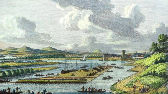 J. Bulthuis, J. und J. E. Grave, J. E.: Rheinansicht von Norden mit großem Holländerfloß, kolorierter Kupferstich, 1793.