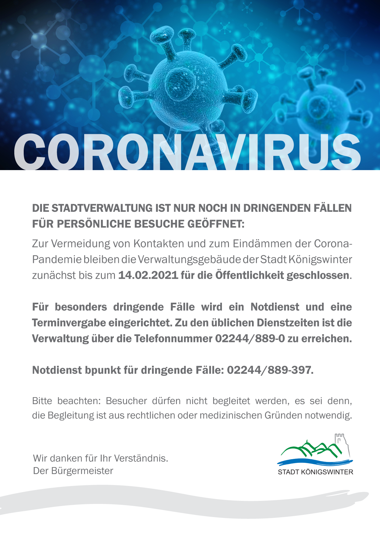 Zutritt zur Stadtverwaltung vorerst bis 14.02.2021 nur in dringenden Fällen