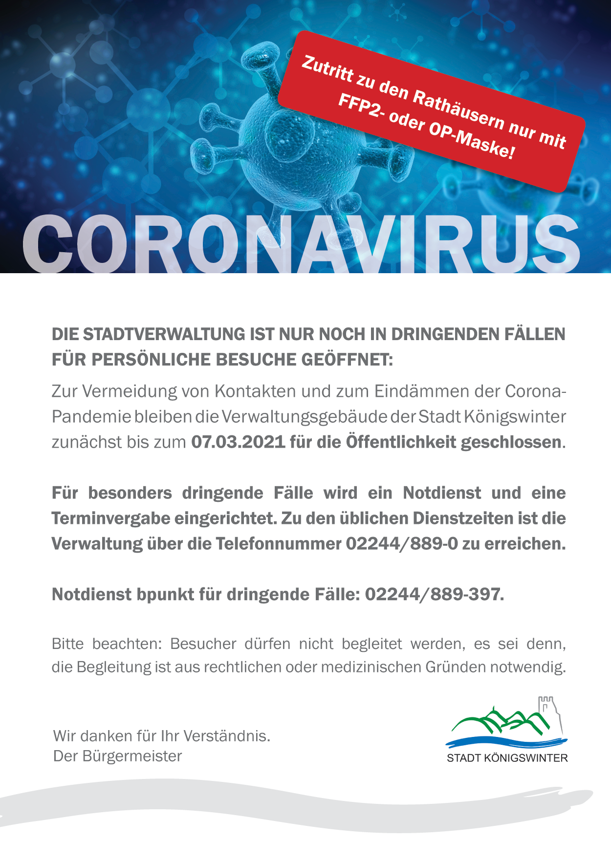 Zutritt zur Stadtverwaltung vorerst bis 07.03.2021 nur in dringenden Fällen