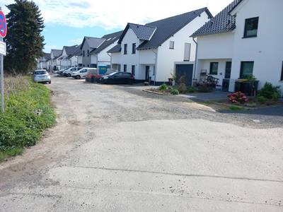 Abbildung des Straßenzustands des Lilienwegs, im Hintergrund Häuser