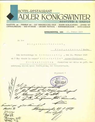 Anmeldung der Verlängerung der Sperrstunde im Hotel Adler, 1929
