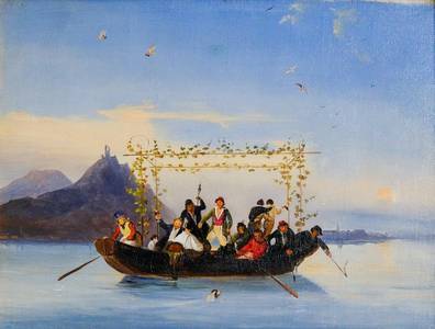 Caspar Scheuren Überfahrt, Boot auf blauem Hintergrund