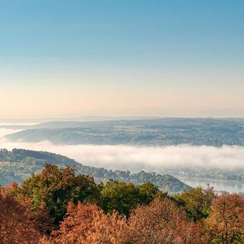 Das Siebengebirge, der Drachenfels mit Nebel und Wolken