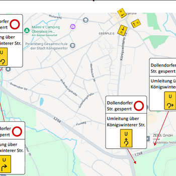 Umleitungsstrecke Barrierefreier Umbau Oberpleis Freizeitzentrum © Stadt Königswinter Karte mit Umleitungsstrecke