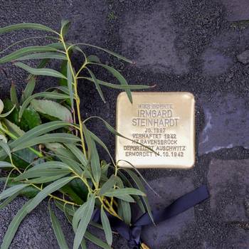 Der Stolperstein für Irmgard Stefanie Steinhardt an der Hauptstraße 380