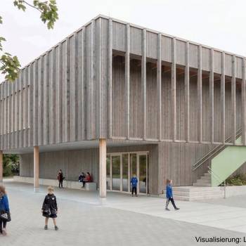 Visualisierung des Neubaus der Turnhalle Oberdollendorf mit OGS-Erweiterung © Liebel/Architekten BDA Visualisierung des Neubaus der Turnhalle Oberdollendorf mit OGS-Erweiterung