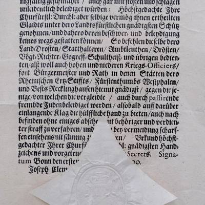 Dekret des Kurfürsten Joseph Clemens zum Schutz seiner jüdischen Untertanen, 1700