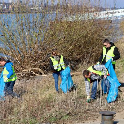 Das Team sammelt auch am Rhein Plastik und Unrat ein