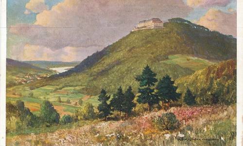Ilustrierte, farbige Ansichtskarte des Petersberg