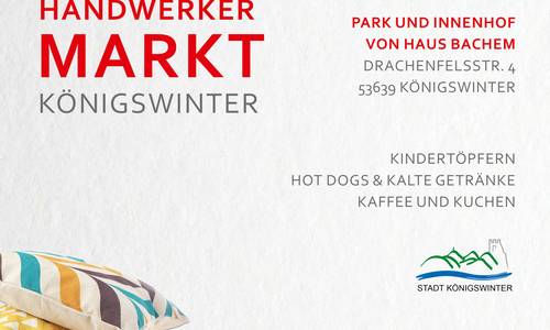 Plakat mit roter Schrift, Schmuck, Töpferwaren und Infos zum Markt