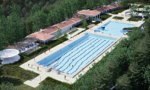 Das Lemmerz-Freibad (Fotomontage) aus der Vogelperspektive