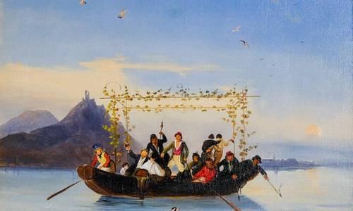 Caspar Scheuren Überfahrt, Boot auf blauem Hintergrund