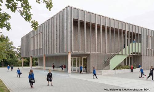 Visualisierung des Neubaus der Turnhalle Oberdollendorf mit OGS-Erweiterung