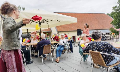 Seniorinnen und Senioren tanzen beim Sommerfest im Altenheim Kloster Heisterbach zu „Tulpen aus Amsterdam“