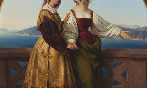 Das Bild zeigt die zwei Leonoren auf einem Balkon mit Blick auf ein Gewässer