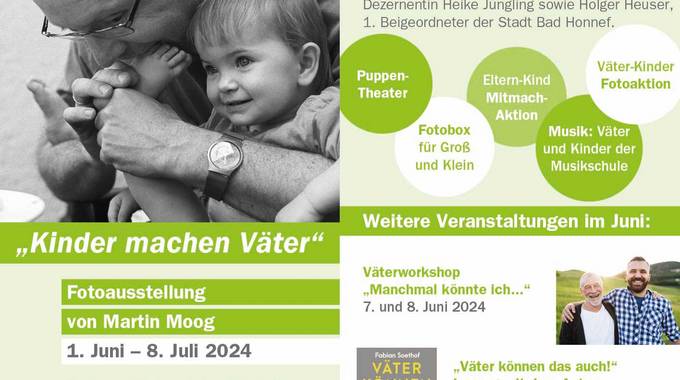 Flyer Kinder machen Väter © Stadt Königswinter Vater mit Kind auf dem Arm in schwarz-weiß, zusätzlich Übersicht der Angebote