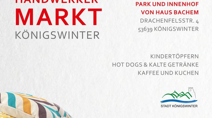 Plakat mit roter Schrift, Schmuck, Töpferwaren und Infos zum Markt