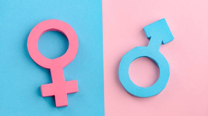 Symbole Mann und Frau auf jeweils gegensätzlichen Farben Rosa und Blau