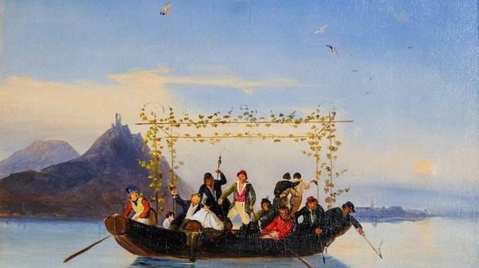 Caspar Scheuren Überfahrt, Boot auf blauem Hintergrund