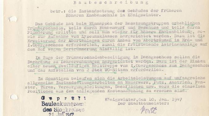 Der Stadtbaumeister beschreibt den Zustand der Höheren Knabenschule in Königswinter