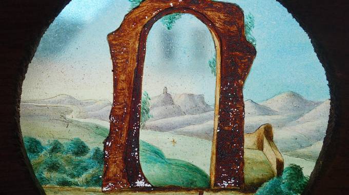 Laterna-magica-Bild „Rolandsbogen“, Glas, handbemalt, vermutlich englisch, um 1860