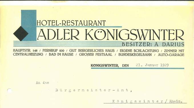 Anmeldung der Verlängerung der Sperrstunde im Hotel Adler, 1929