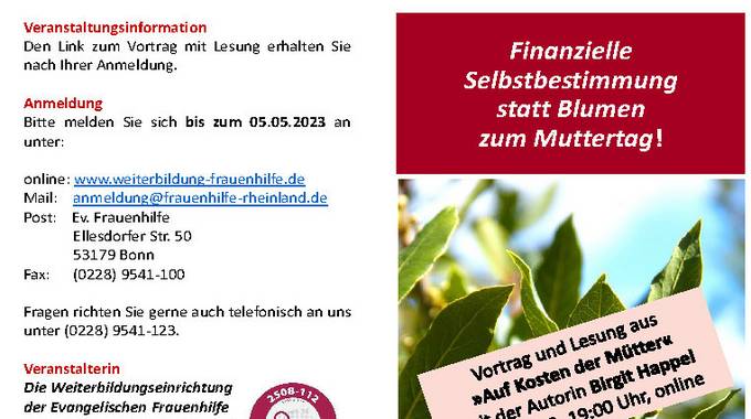 Titel Flyer Finanzielle Selbstbestimmung statt Blumen zum Muttertag